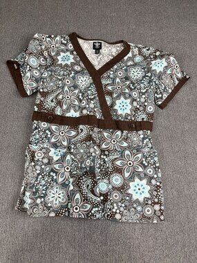 Med Couture Womens Brown & Blue Floral V-Neck Scrub Top M